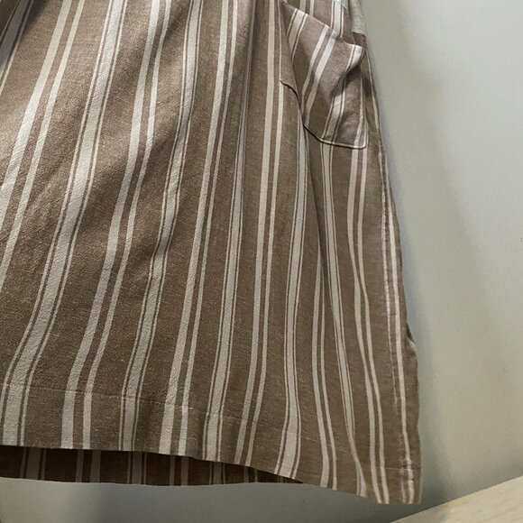 Handmade Plus Size Cotton Linen Patch Pockets Neutrals Brown Stripes Dress - Picture 14 of 15
